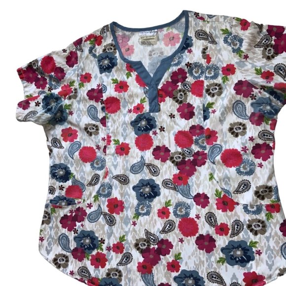 UA Scrubs Top Red Floral with Blue Brown Paisley Print Size LG - Picture 4 of 8